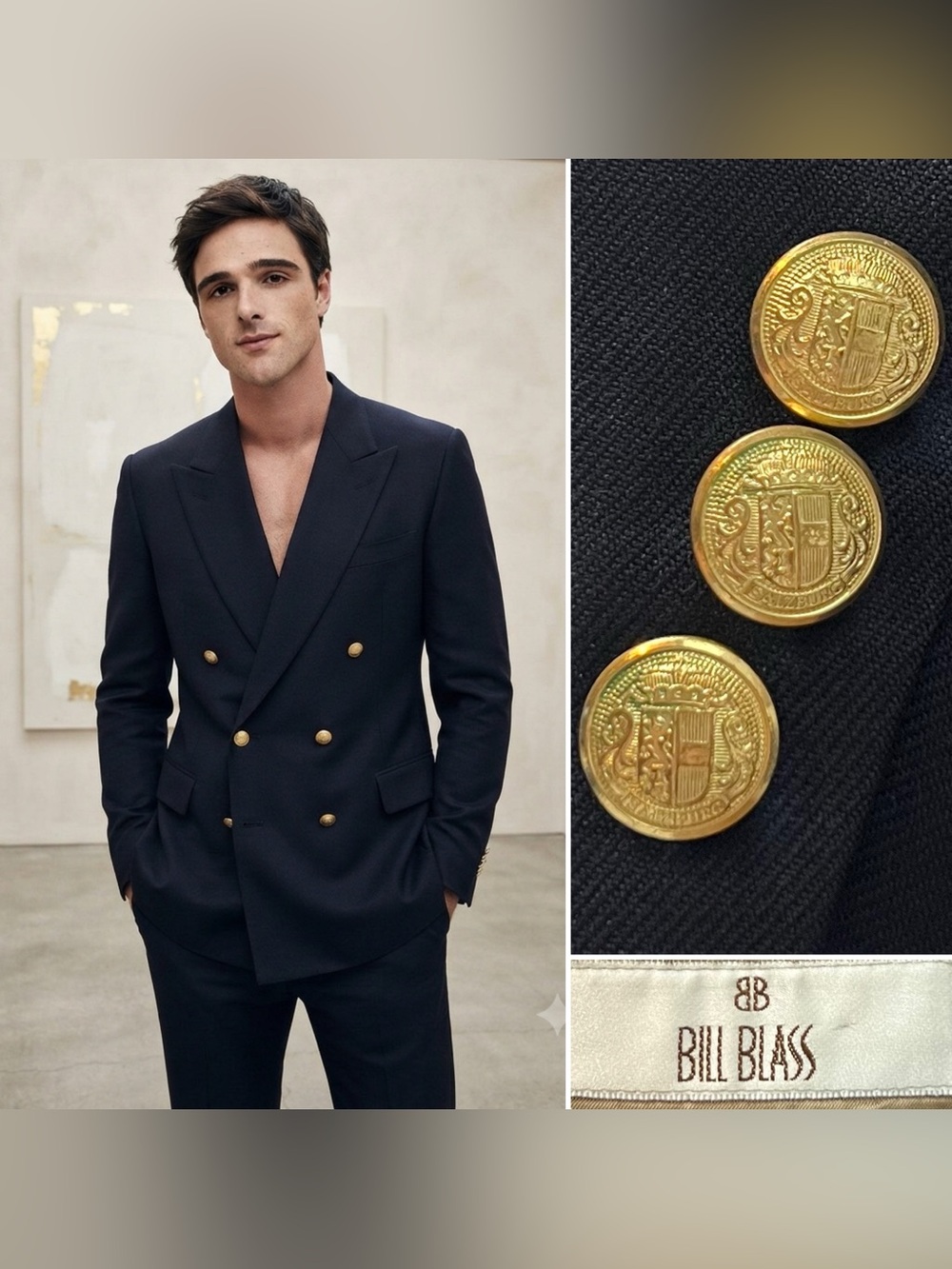 Bill Blass Vintage Men's 44L Navy Double Breasted Gold Button Slim Blazer Jacket